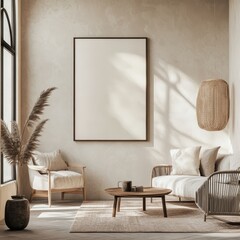 blank frame on the clean wall of the modern cozy living room, soft light, frame on the foreground