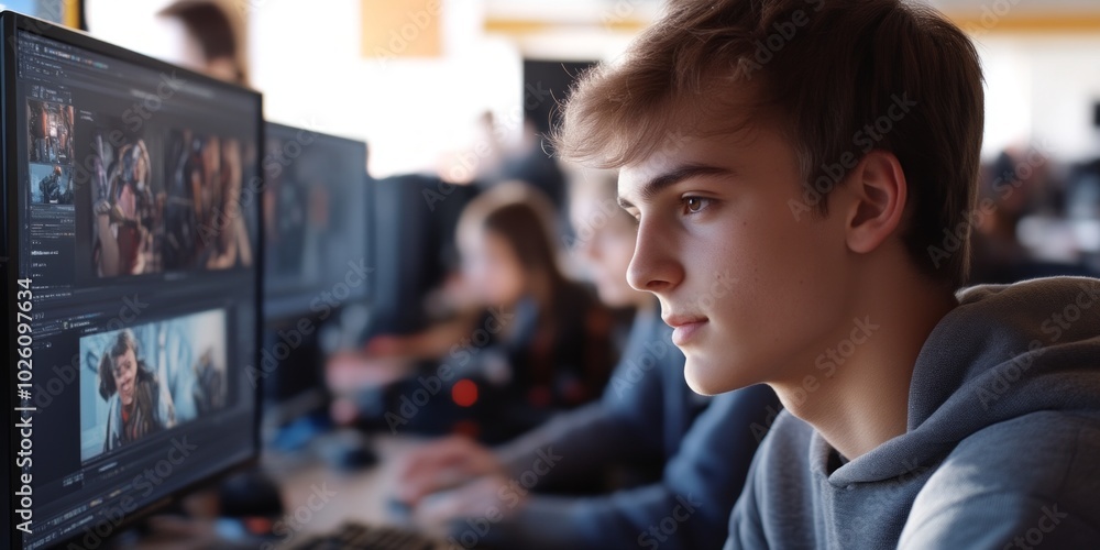 Poster a focused teenager working on a computer project. the young man is immersed in the screen displaying