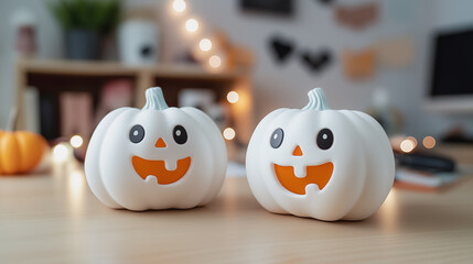 Obraz premium Two white pumpkins with orange faces are sitting on a table. The pumpkins are smiling and seem to be happy