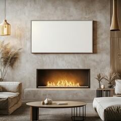 A modern horizontal 16:9 picture frame Hanging on a wall above a fire place in a well lit coastal living room. 