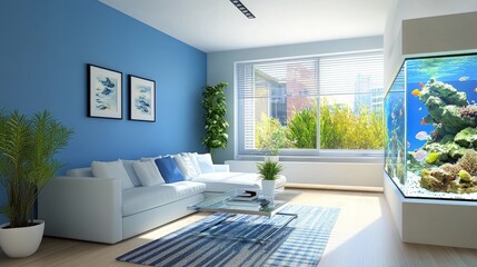Naklejka premium Chic living room with a large aquarium tank, showcasing colorful fish and aquatic plants, providing an ideal backdrop with ample copy space.