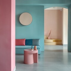interior design of a house in minimal style with colourfull palette, single tone palette, living room