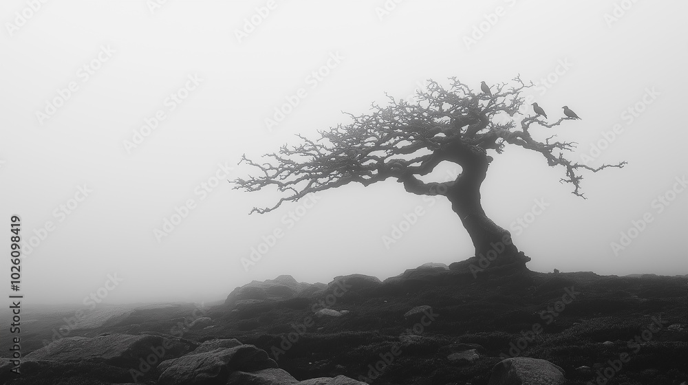 Poster a tree with bare branches is standing in a foggy field. the tree is tall and has a twisted trunk. th