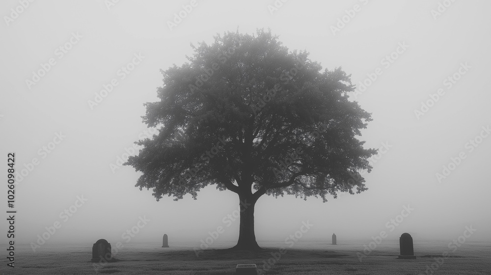 Poster a tree stands alone in a foggy field with three small gravestones in the background. the scene is qu