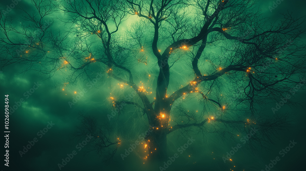 Poster a tree with glowing lights on it. the tree is surrounded by a dark sky. scene is mysterious and eeri