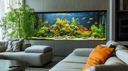 Elegant living space with a spacious aquarium tank, showcasing vibrant fish and aquatic greenery, and generous copy space for promotional use