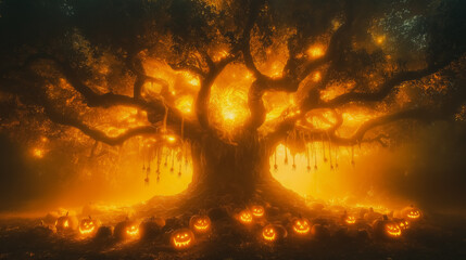 Fototapeta premium A tree with many branches and leaves, and many pumpkins hanging from it. The tree is orange and the pumpkins are orange as well. Scene is spooky and festive, as it is Halloween season