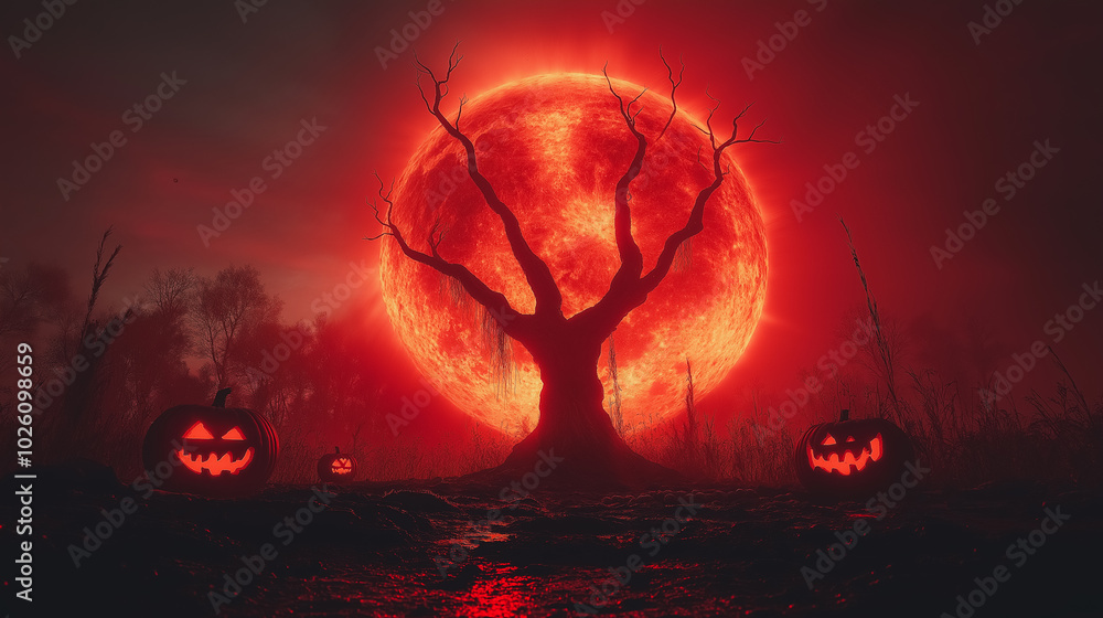 Poster a red moon is in the sky above a tree with three pumpkins on it. the scene is set in a dark forest w