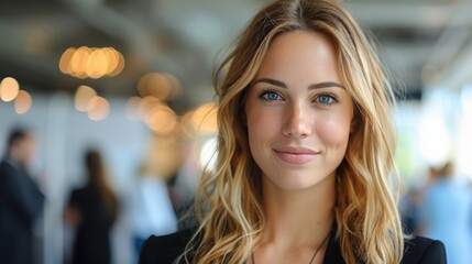 Obraz premium A confident young woman with bright blue eyes and flowing blonde hair, standing in a modern, blurred background setting, exuding professionalism and charisma