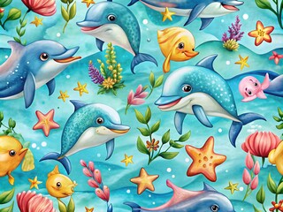 Fototapeta premium Watercolor Dolphin Seamless Pattern for Fabric and Wallpaper Design