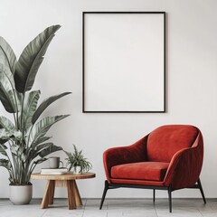 blank minimal mock up for poster in midcentury interior