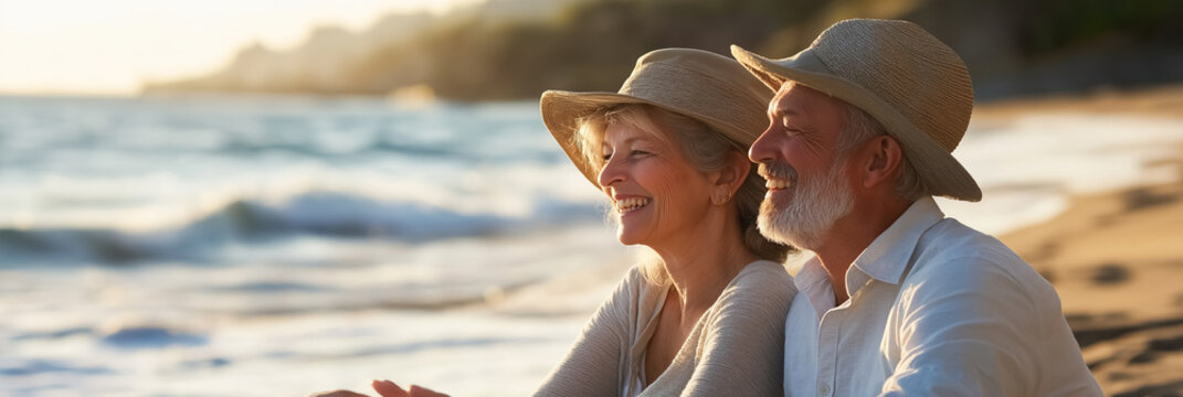 A happy elderly couple embracing and laughing on the shore, with the ocean stretching behind them and the blue sky overhead