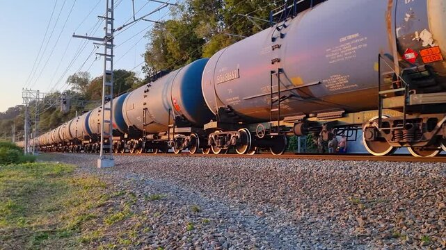 Long freight train transporting oil tankers is traveling on a railway track