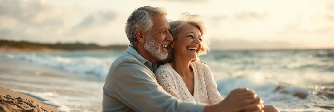 A happy elderly couple embracing and laughing on the shore, with the ocean stretching behind them and the blue sky overhead