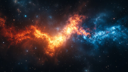 Intergalactic energy burst in deep space, fiery blue versus red nebula battling for dominance in a starry void, space battle, galactic forces.