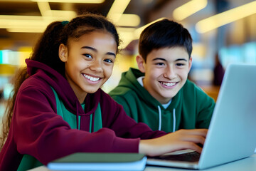 Middle school girl and boy students collaborating on a laptop in the library, focusing on schoolwork and learning together.