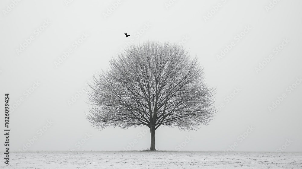 Aufkleber a tree stands alone in a field of snow. the sky is overcast and the tree is bare