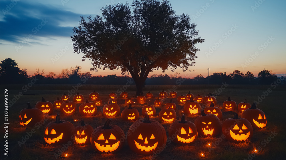 Poster a large tree is surrounded by many pumpkins with their faces lit up. the scene is set in a field at 