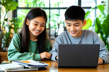 Middle school Asian girl and boy students collaborating on a laptop in the library, focusing on schoolwork and learning together.