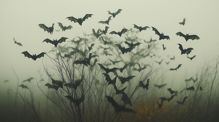 Obraz premium Flock of bats flying in a foggy forest