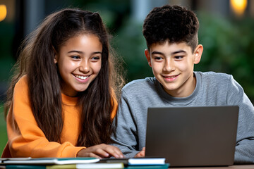 On campus, an African girl and Caucasian boy in gray orange sweatshirts work on a laptop together, highlighting their collaborative study efforts.