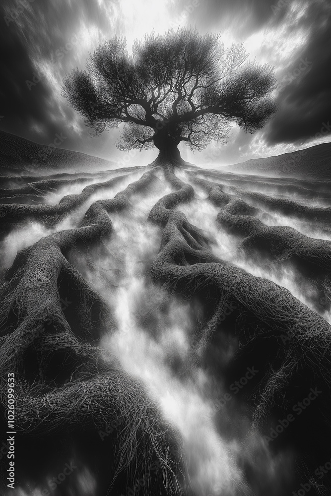 Poster a tree with roots that are spread out in a field. the roots are dark and twisted, and the tree is ta