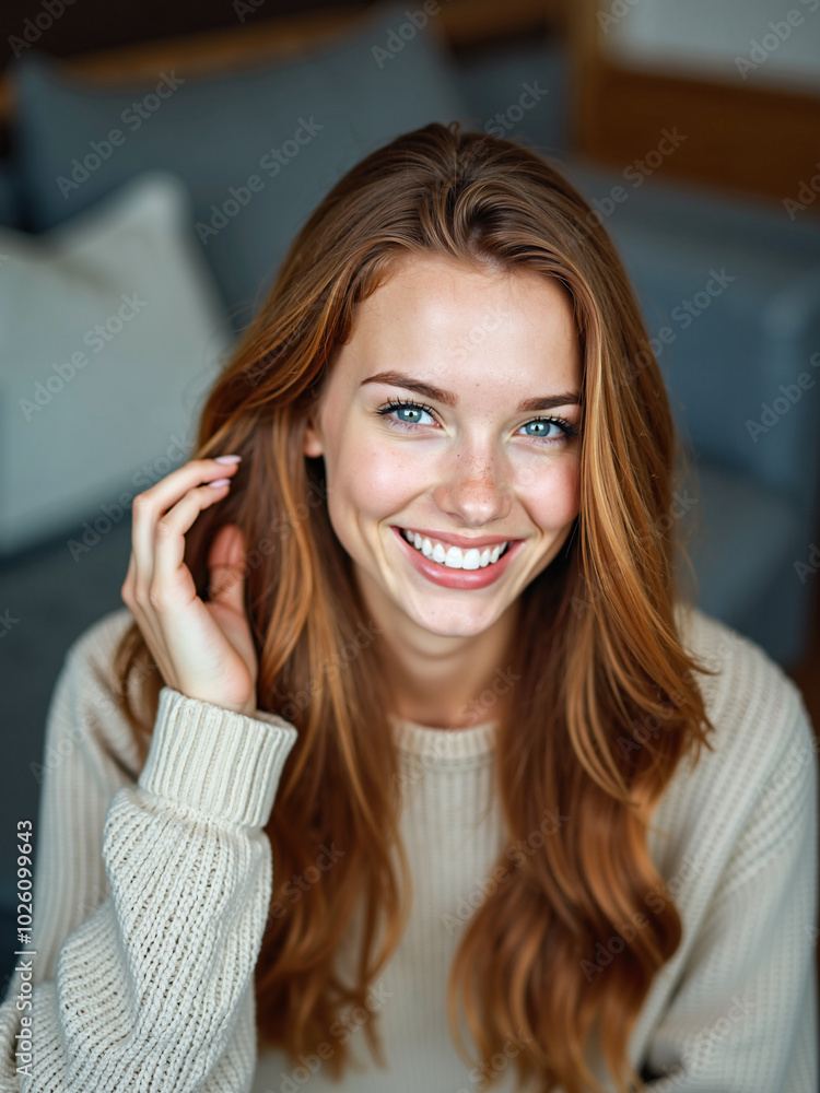 Wall mural smiling 20 year old young woman with bonze hair sitting on a sofa looking up smiling.