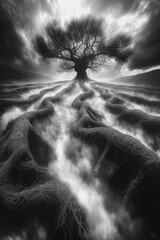 A tree with roots that are spread out in a field. The roots are dark and twisted, and the tree is tall. The image has a moody and mysterious feel to it, as if it is a representation of the unknown