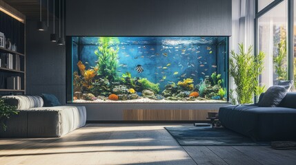 Interior view of a large fish tank in a modern home, filled with vibrant aquatic life, complemented by generous copy space for text or branding.
