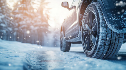 A detailed close-up of a car wheel resting on a snowy road during winter