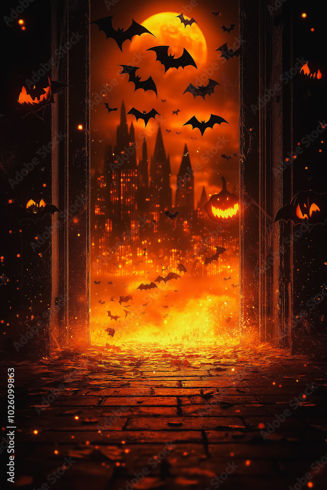 Poster a halloween scene with bats flying in front of a building with a moon in the background. the bats ar