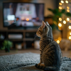 A heartwarming image of a small tabby cat watching TV, suitable for use in calendars, posters, or...