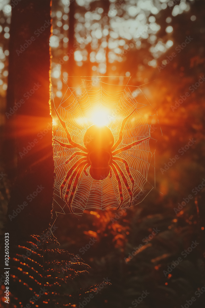 Poster a spider is seen through a spider web, with the sun shining on it. the spider is in the center of th
