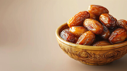 Bowl of dried dates fruit on white background with copy space