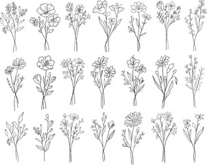 Beautiful  line art flower bouquets set. Hand drawn botanical vector set. Trendy floral wildflowers, leaves set.