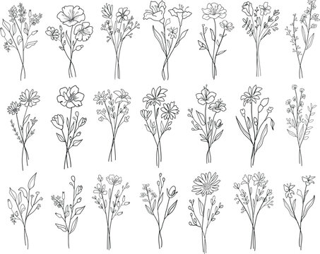 Beautiful  line art flower bouquets set. Hand drawn botanical vector set. Trendy floral wildflowers, leaves set.