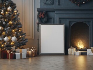 A realistic mockup of a empty landscape horizontal frame, placed on the floor in front of a Christmas tree with presents and decorations around it.