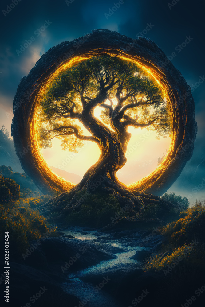 Aufkleber a tree is growing inside a circle. the tree is surrounded by a forest and the sky is cloudy