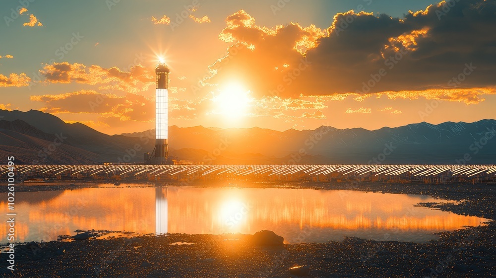 Poster sunset over solar array and lighthouse reflection