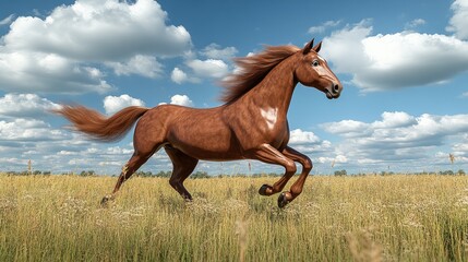 Obraz premium A 3D animated cartoon horse galloping through an open field, with its mane flowing in the wind and a joyful, free expression.