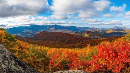 A vibrant autumn landscape showcasing colorful foliage and distant mountains under a blue sky.