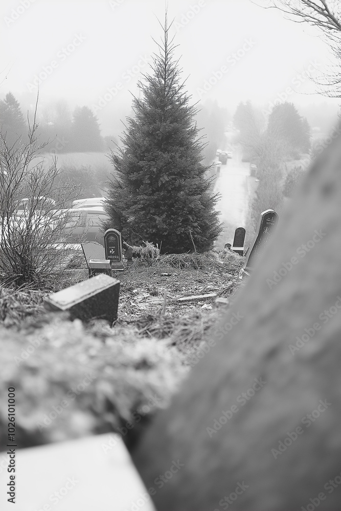 Poster a cemetery with a large pine tree in the middle. the tree is surrounded by gravestones and a bench. 