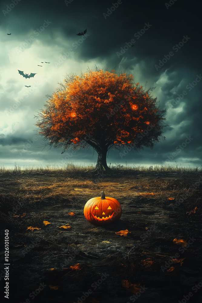 Poster a tree with a pumpkin on the ground in front of it. the pumpkin is smiling and the tree is surrounde