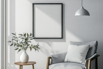 A serene, minimalist living space featuring a mid-grey armchair with a matching cushion, placed against a crisp white wall.