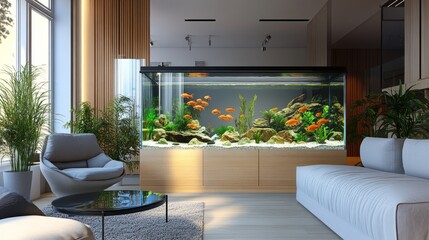 Stylish interior aquarium tank in a contemporary home, filled with eye-catching fish, providing an attractive backdrop with ample copy space.
