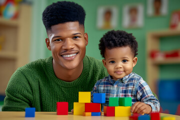 Kindergarten scene with an African man teacher in green sweatshirt and young kids playing with colorful blocks, promoting early childhood development.