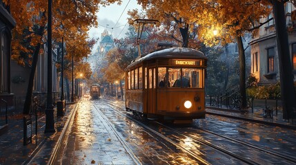 Red and Yellow Trolley Car Traveling Down a Street