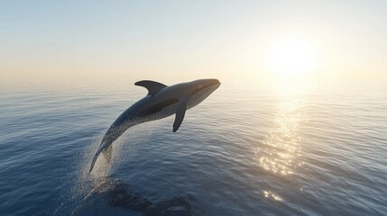 Fototapeta premium A detailed 3D image of a whale breaching the ocean's surface, with realistic water splashes and sunlight reflections.