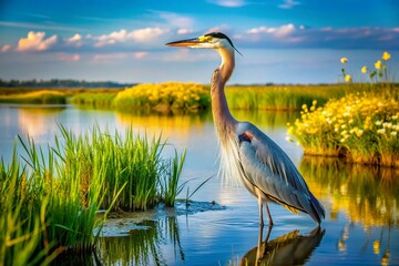 Naklejka premium Great Blue Heron in Chesapeake Bay Marshland - Spring Wildlife Photography