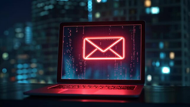 A glowing red email icon on a laptop screen against a blurred city skyline at night